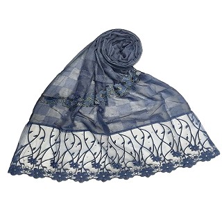Net hijab with flower design and moti work - Blue